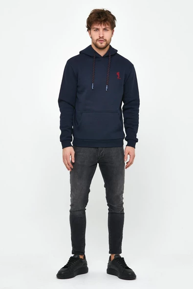 Erkek İskelet Nakışlı 3 İplik Kapüşonlu Sweatshirt Lacivert - 7