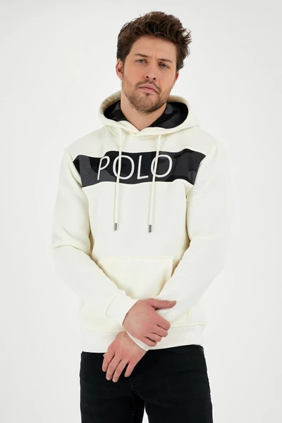 Erkek 3 İplik Pamuklu İçi Polarlı Regular Fit Nakışlı Kapüşonlu Kanguru Cepli Ekru Sweatshirt - Resim 2