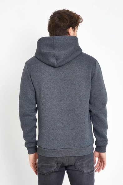 Erkek 3 İplik Pamuklu İçi Polarlı Regular Fit Nakışlı Kapüşonlu Kanguru Cepli Antrasit Sweatshirt - Resim 12