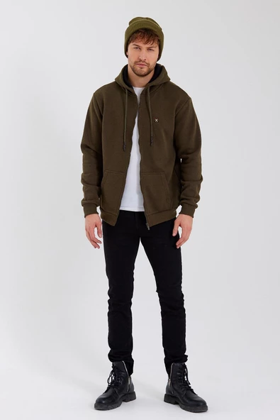 Erkek Fermuarlı Kanguru Cep 3 İplik Sweatshirt  Haki - Resim 2