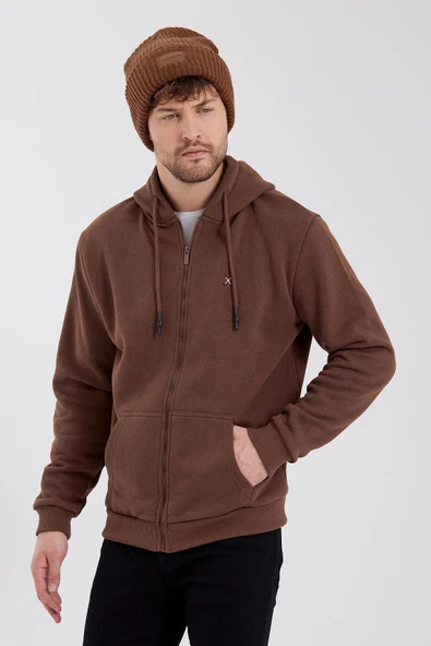 Erkek Fermuarlı Kanguru Cep 3 İplik Sweatshirt  Kahverengi - Resim 3