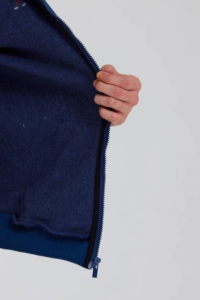 Erkek Fermuarlı Kanguru Cep 3 İplik Sweatshirt İndigo - Resim 3
