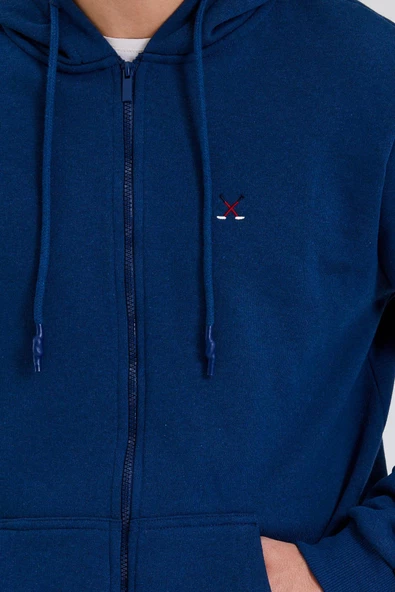 Erkek Fermuarlı Kanguru Cep 3 İplik Sweatshirt İndigo - Resim 4