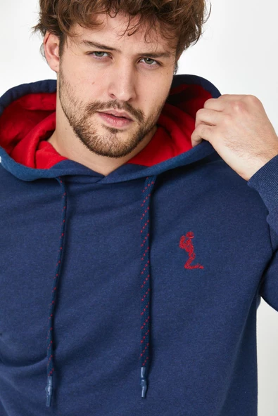 Erkek İskelet Nakışlı 3 İplik Kapüşonlu Sweatshirt İndigo - Resim 8