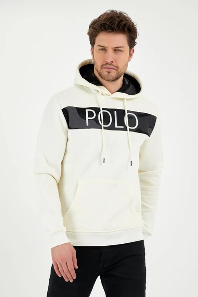 Erkek 3 İplik Pamuklu İçi Polarlı Regular Fit Nakışlı Kapüşonlu Kanguru Cepli Ekru Sweatshirt ürün görseli 1