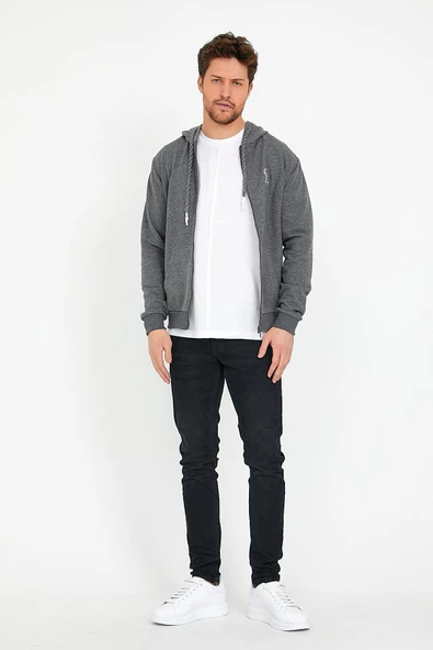 Erkek 3 İplik Pamuklu Regular Fit Nakışlı Fermuarlı Kapüşonlu Cepli Antrasit Sweatshirt - 3
