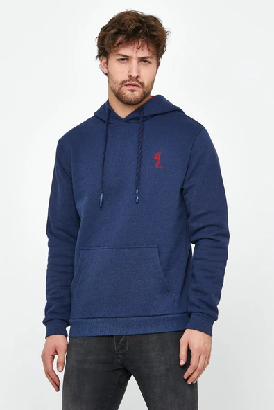 Erkek İskelet Nakışlı 3 İplik Kapüşonlu Sweatshirt İndigo - Resim 6