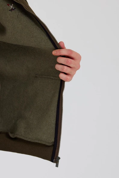 Erkek Fermuarlı Kanguru Cep 3 İplik Sweatshirt  Haki - Resim 3