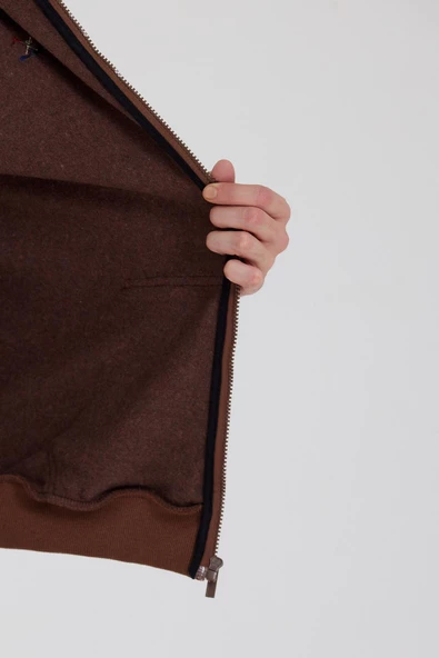 Erkek Fermuarlı Kanguru Cep 3 İplik Sweatshirt  Kahverengi - Resim 2