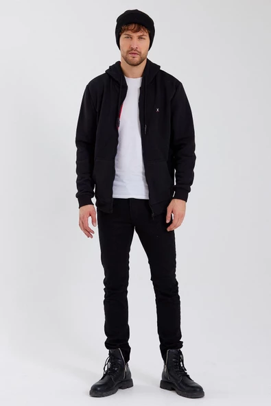 Erkek Fermuarlı Kanguru Cep 3 İplik Sweatshirt Siyah - 7