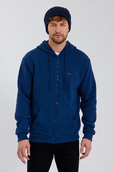 Erkek Fermuarlı Kanguru Cep 3 İplik Sweatshirt İndigo - Resim 6
