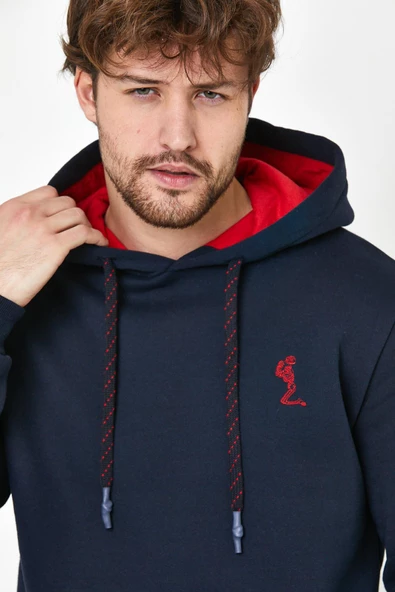 Erkek İskelet Nakışlı 3 İplik Kapüşonlu Sweatshirt Lacivert - 10