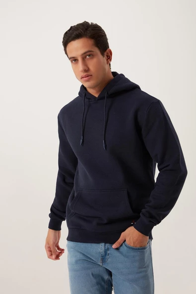 Erkek Kapüşonlu Kanguru Cep 3 İplik Sweatshirt Lacivert - Resim 2