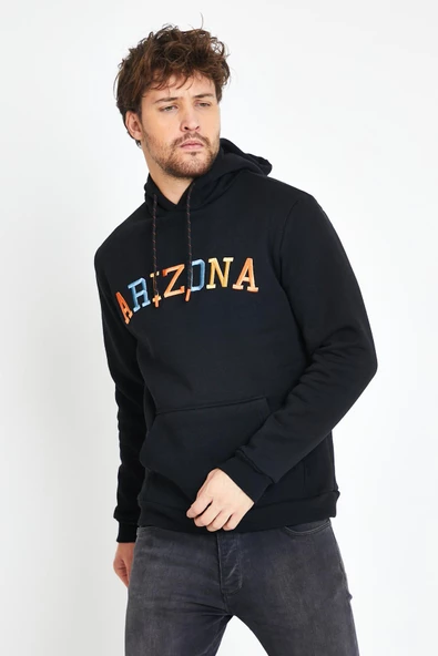 Erkek 3 İplik Pamuklu İçi Polarlı Regular Fit Nakışlı Kapüşonlu Kanguru Cepli Siyah Sweatshirt - Resim 9