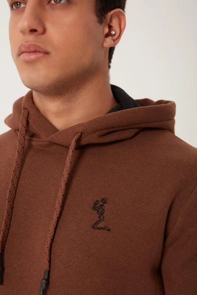 Erkek İskelet Nakışlı 3 İplik Kapüşonlu Sweatshirt Kahverengi - 3