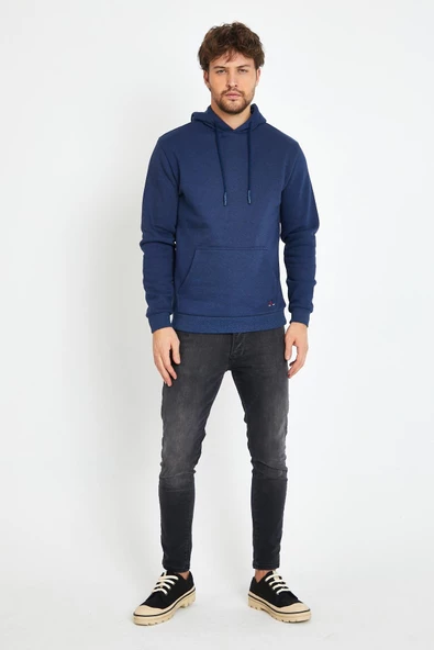 Erkek Kapüşonlu Kanguru Cep 3 İplik Sweatshirt İndigo - Resim 11