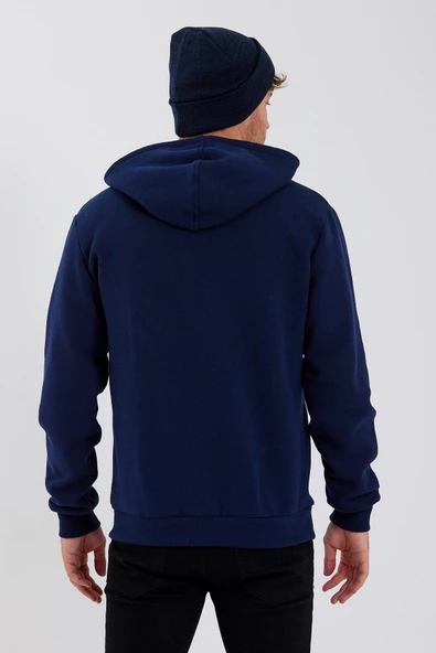 Erkek Fermuarlı Kanguru Cep 3 İplik Sweatshirt Lacivert - 10