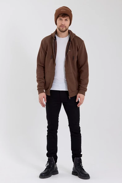Erkek Fermuarlı Kanguru Cep 3 İplik Sweatshirt  Kahverengi