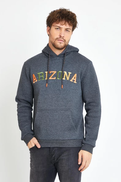 Erkek 3 İplik Pamuklu İçi Polarlı Regular Fit Nakışlı Kapüşonlu Kanguru Cepli Antrasit Sweatshirt - Resim 9