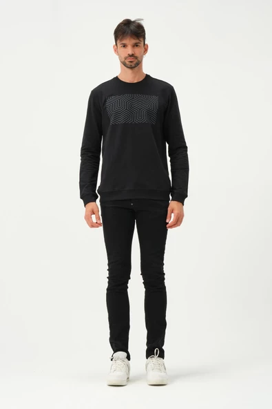 Erkek Baskılı Sweatshirt  Siyah - Resim 8