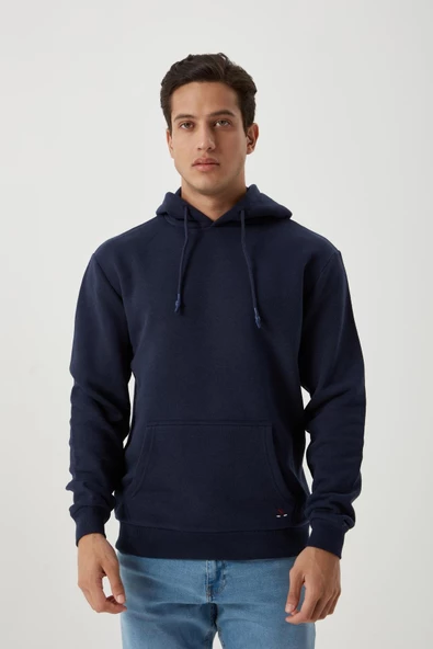 Erkek Kapüşonlu Kanguru Cep 3 İplik Sweatshirt Lacivert - Resim 4