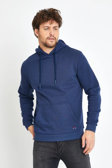 Erkek Kapüşonlu Kanguru Cep 3 İplik Sweatshirt İndigo - Resim 5