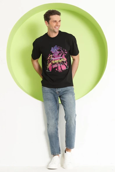 Erkek Baskılı Oversize T-Shirt Siyah - 3