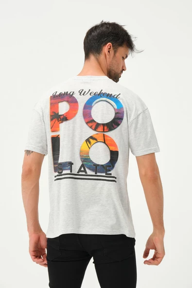 Erkek Polo Baskılı Oversize T-Shirt Kar Melanj - 5