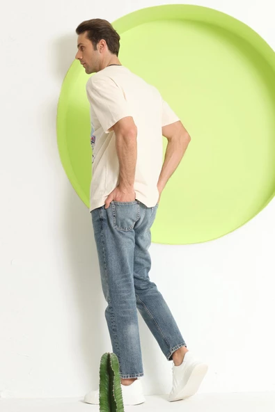 Erkek Baskılı Oversize T-Shirt Ekru - 4