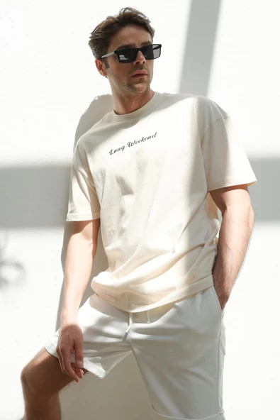 Erkek Polo Baskılı Oversize T-Shirt Ekru - 8