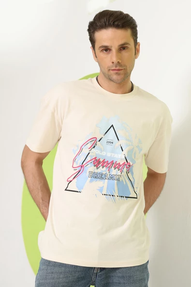 Erkek Baskılı Oversize T-Shirt Ekru - 5