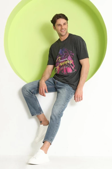 Erkek Baskılı Oversize T-Shirt Antrasit - 3