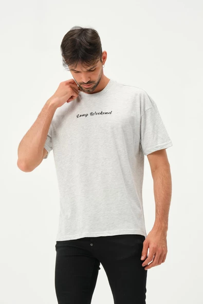 Erkek Polo Baskılı Oversize T-Shirt Kar Melanj - 6