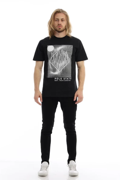 Erkek Polo State Basklı Bisiklet Yaka Tişört Siyah - Resim 3