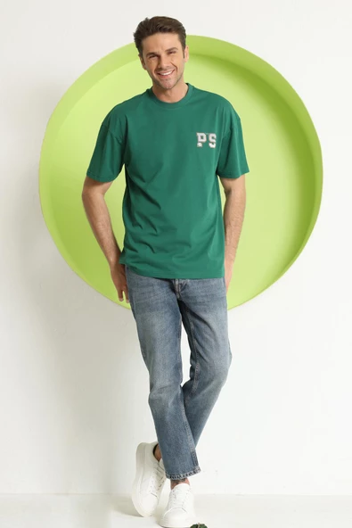 Erkek PS Baskılı Oversize T-Shirt Yeşil - 12