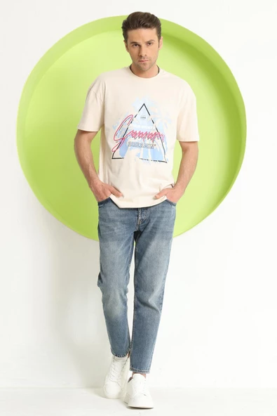 Erkek Baskılı Oversize T-Shirt Ekru - 7