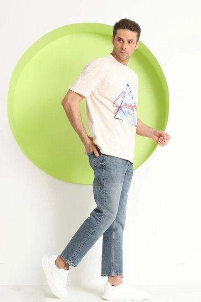 Erkek Baskılı Oversize T-Shirt Ekru - 2