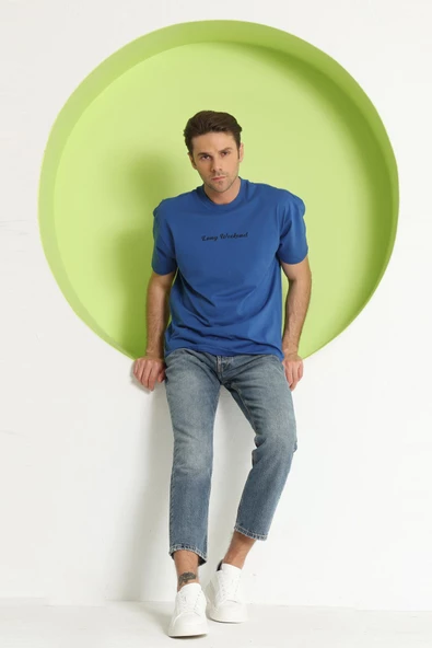 Erkek Polo Baskılı Oversize T-Shirt Saks - 12