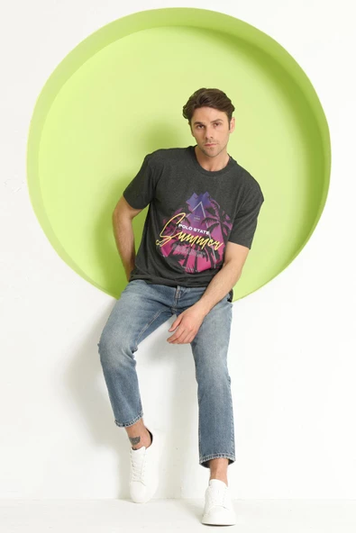 Erkek Baskılı Oversize T-Shirt Antrasit - 10