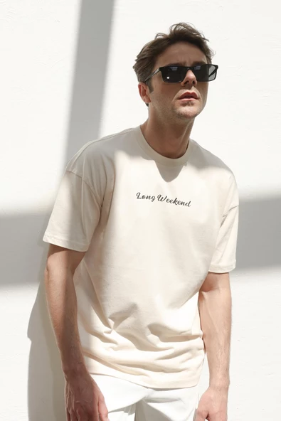 Erkek Polo Baskılı Oversize T-Shirt Ekru - 3