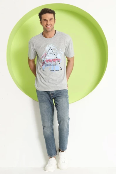 Erkek Baskılı Oversize T-Shirt  Gri Melanj - 2