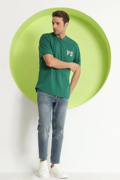 Erkek PS Baskılı Oversize T-Shirt Yeşil - 5