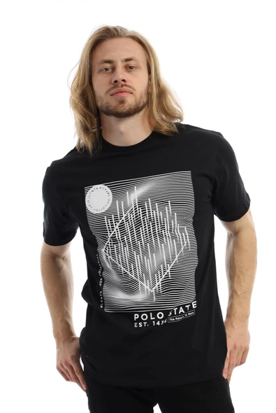 Erkek Polo State Basklı Bisiklet Yaka Tişört Siyah - Resim 9