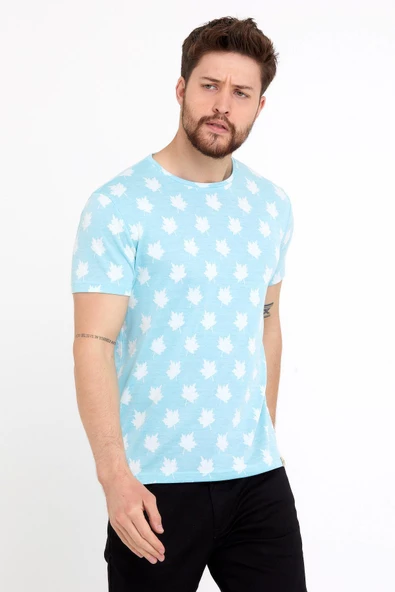 Erkek Jakarlı Basic T-shirt Mavi - 5