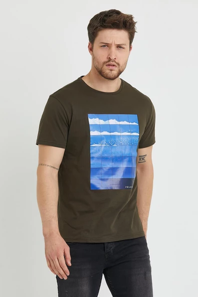 Erkek Baskılı T-shirt Haki - 11