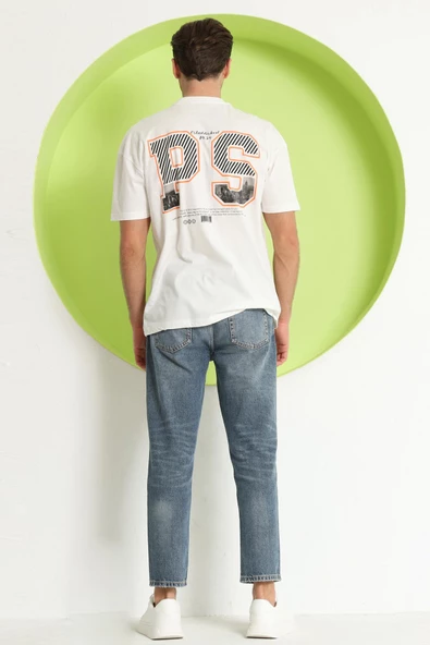 Erkek PS Baskılı Oversize T-Shirt Ekru - Resim 5