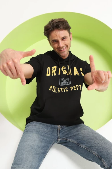 Baskılı Oversize Kapüşonlu Erkek T-Shirt Siyah - Resim 4