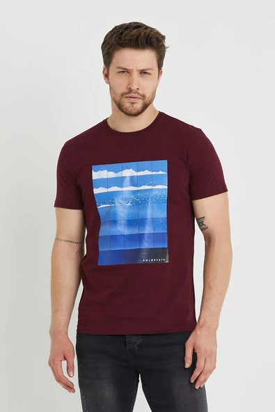 Erkek Baskılı T-shirt Bordo - Resim 5