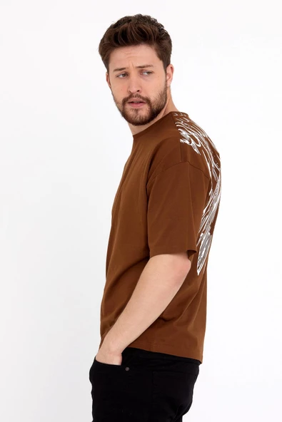 Erkek Oversize Baskılı T-shirt Taba - 12