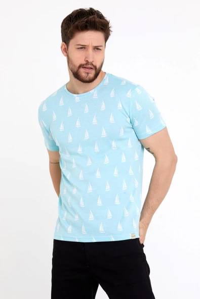 Erkek Jakarlı Basic T-shirt Mavi - Resim 5